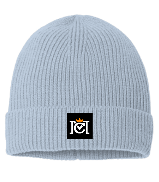 ribbed beanie with woven crown moto logo label sewn to the front cuff