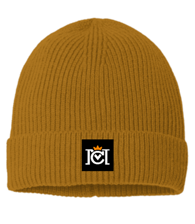 ribbed beanie with woven crown moto logo label sewn to the front cuff