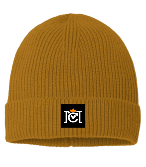 ribbed beanie with woven crown moto logo label sewn to the front cuff
