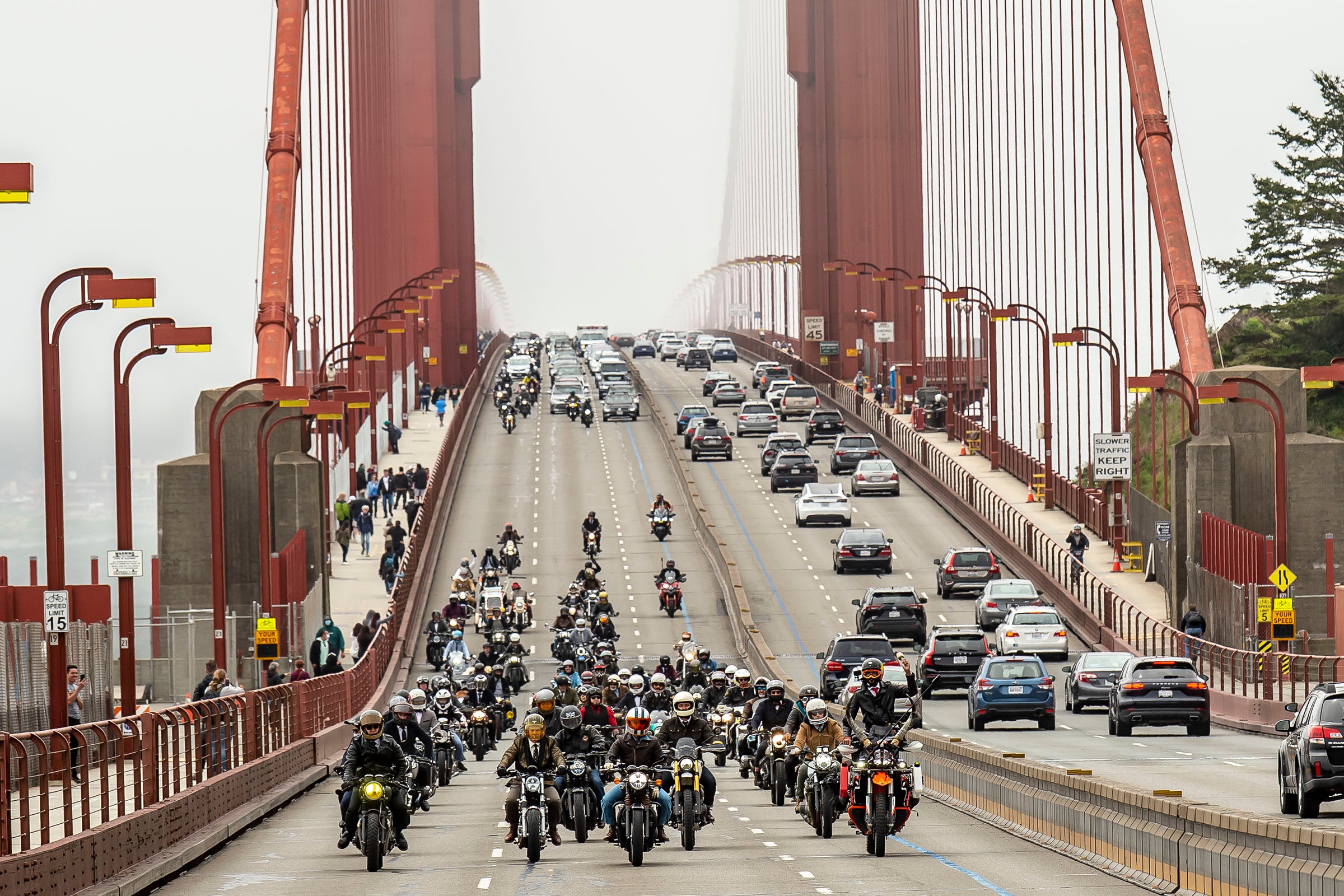 Motorcycles on Golden Gate Bridge in San Francisco at the local Distinguished Gentleman's Ride, DGR, photo taken by Crown Moto