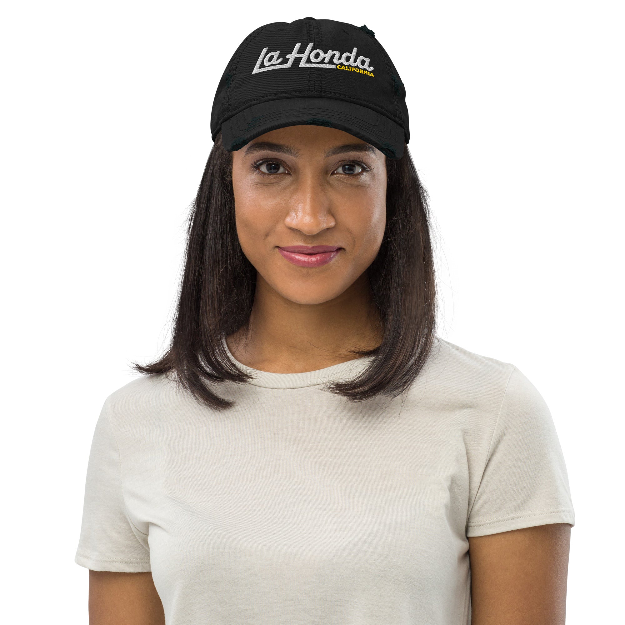 Woman wearing La Honda California embroidered hat
