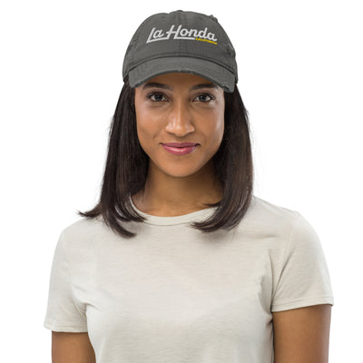 Woman wearing La Honda California embroidered hat