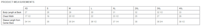 District Long Sleeve t-shirt Product measurements chart with size chart and dimensions.