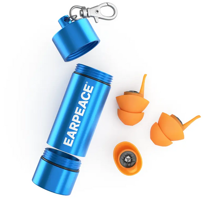 Blue earbud case with orange earbuds on a white background