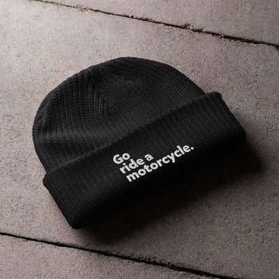 Black "Go ride a motorcycle" embroidered fisherman beanie