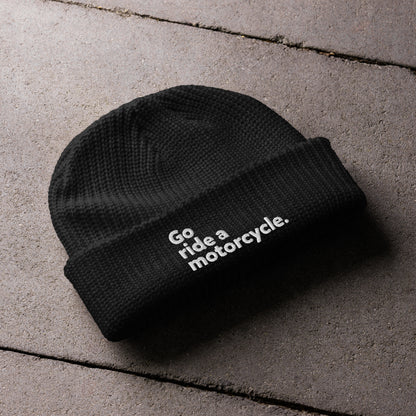 Black "Go ride a motorcycle" embroidered fisherman beanie