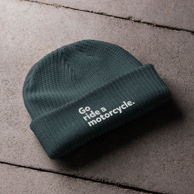Blue "Go ride a motorcycle" embroidered fisherman beanie