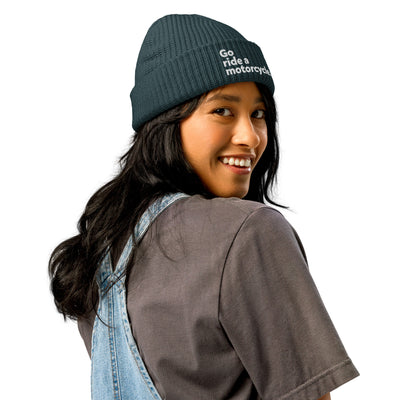 Woman wearing Go ride a motorcycle embroidered fisherman beanie