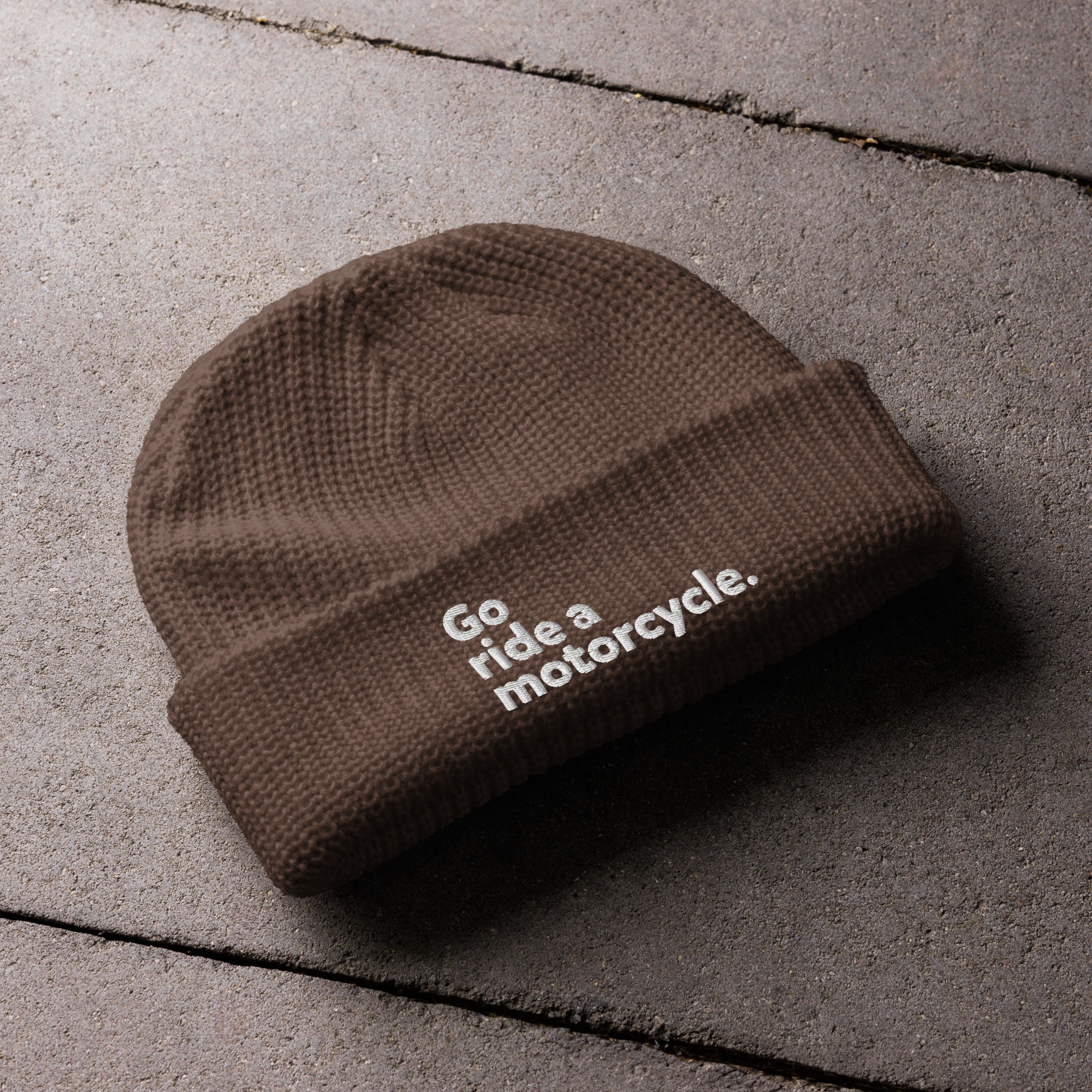 Brown "Go ride a motorcycle" embroidered fisherman beanie