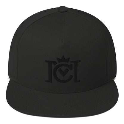 Trademarked Crown Moto logo embroidered in black 3D puff style on front of flat bill snapback hat