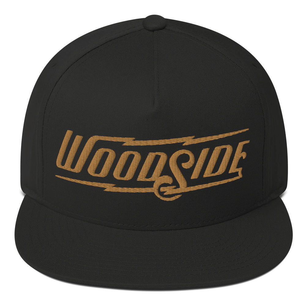 Black Woodside Brand embroidered snapback hat with gold embroidery