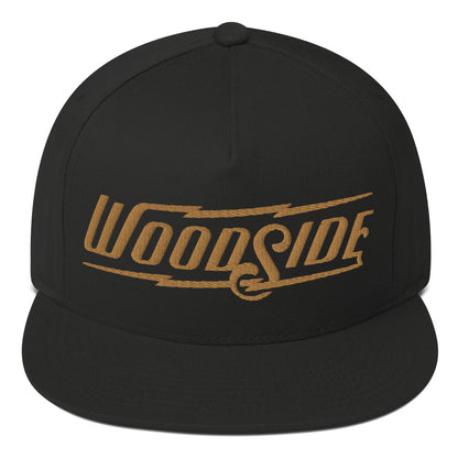 Black Woodside Brand embroidered snapback hat with gold embroidery