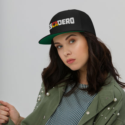 woman wearing a black Pescadero Sunset embroidered hat from crown moto