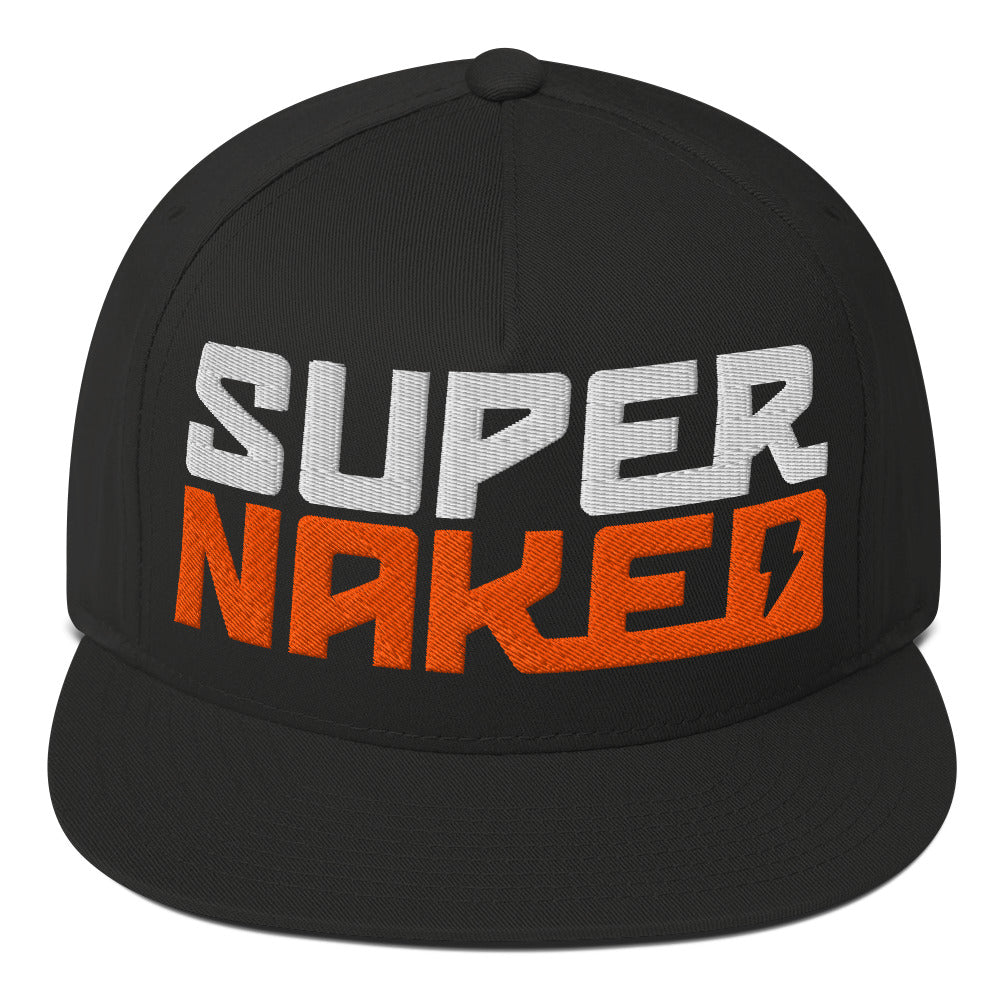 Front view of orange and white Super Naked logo embroidered on front of black snapback hat by Crown Moto