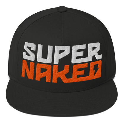 Front view of orange and white Super Naked logo embroidered on front of black snapback hat by Crown Moto