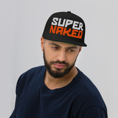 Man wearing Orange and white Super Naked logo embroidered on front of black snapback hat by Crown Moto