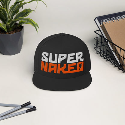 Mock-up of a orange and white Super Naked logo embroidered on front of black trucker hat by Crown Moto