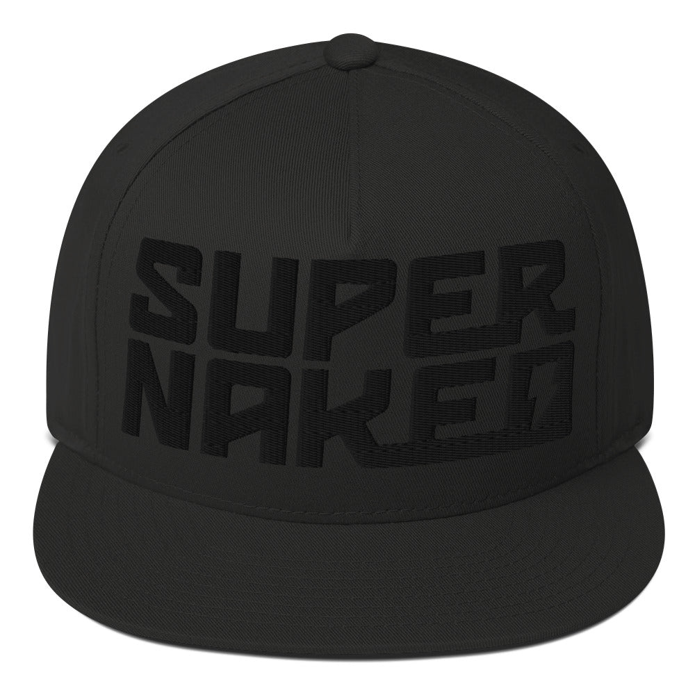 Front view of Super Naked 3d puff embroidered black snapback hat by Crown Moto