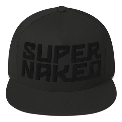 Front view of Super Naked 3d puff embroidered black snapback hat by Crown Moto, supernaked, embroidery, original, naked, super duke, streetfighter, mt10, h2r, speed triple, motorcycle, motorbike, no fairings