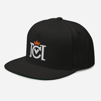 Trademarked Crown Moto logo embroidered in 3D puff style on front of flat bill snapback hat