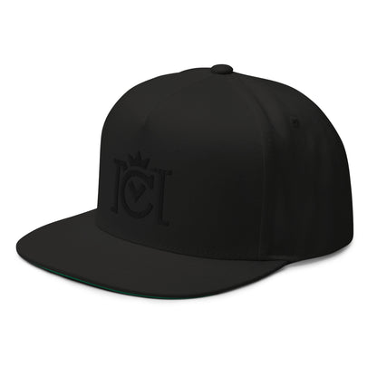 Trademarked Crown Moto logo embroidered in black 3D puff style on front of flat bill snapback hat