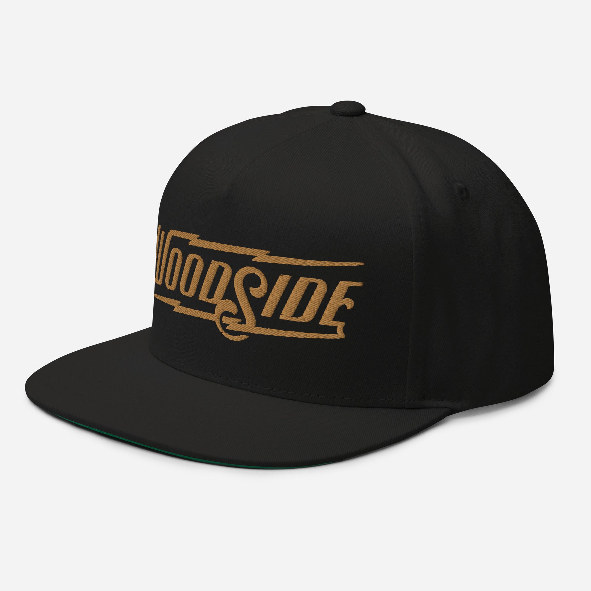 Black Woodside Brand embroidered snapback hat with gold embroidery