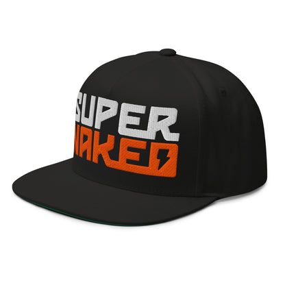 Orange and white Super Naked logo embroidered on front of black snapback hat by Crown Moto