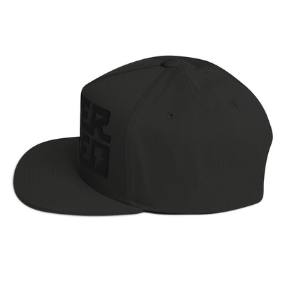 Profile view of Super Naked 3d puff embroidered black snapback hat by Crown Moto