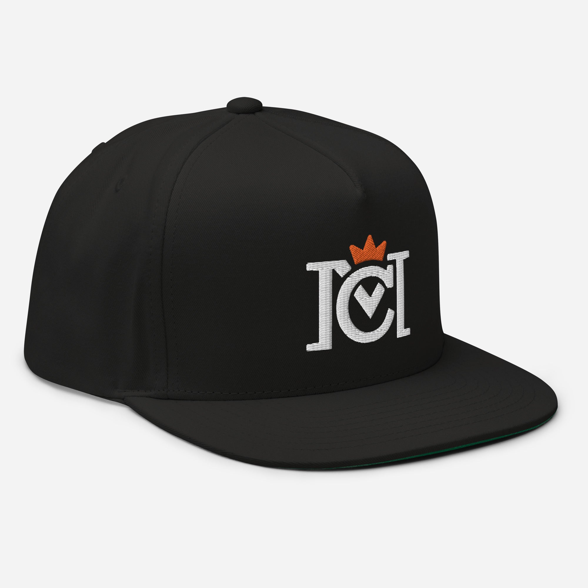 Trademarked Crown Moto logo embroidered in 3D puff style on front of flat bill snapback hat