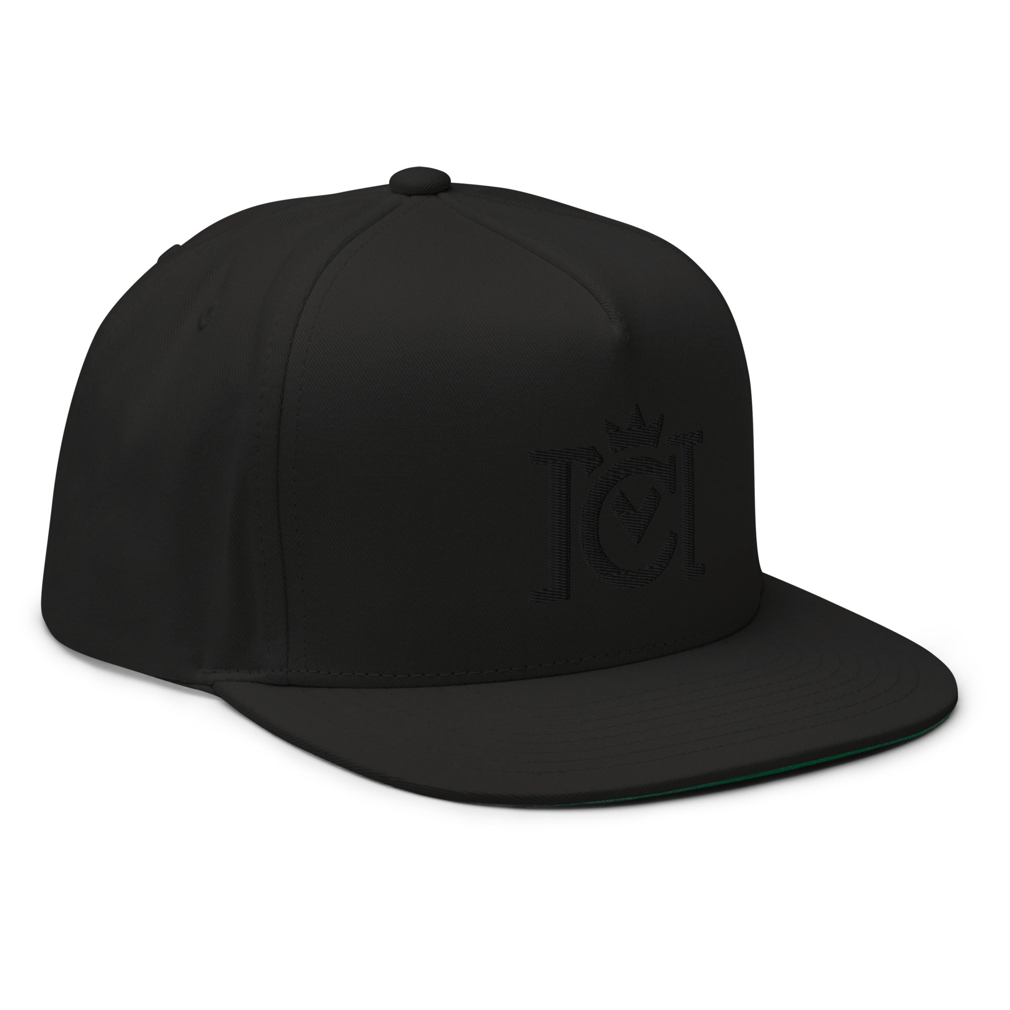 Trademarked Crown Moto logo embroidered in black 3D puff style on front of flat bill snapback hat