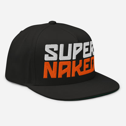 Orange and white Super Naked logo embroidered on front of black snapback hat by Crown Moto