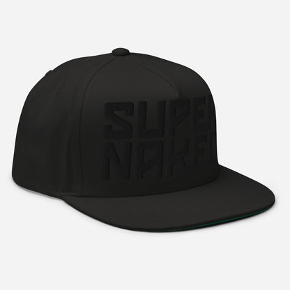 Super Naked 3d puff embroidered black snapback hat by Crown Moto