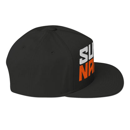 Profile view of orange and white Super Naked logo embroidered on front of black snapback hat by Crown Moto