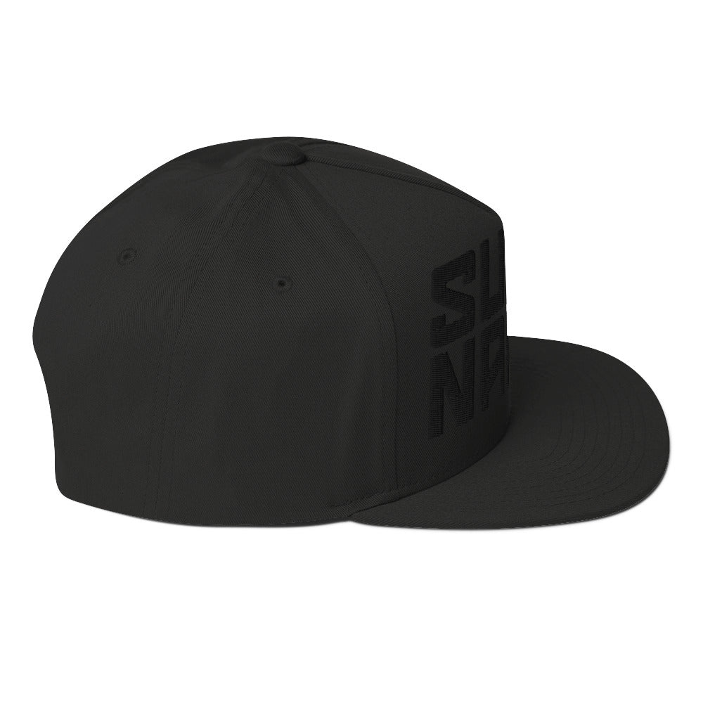 Profile view of Super Naked 3d puff embroidered black snapback hat by Crown Moto