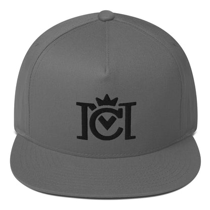 Trademarked Crown Moto logo embroidered in black 3D puff style on front of flat bill snapback hat