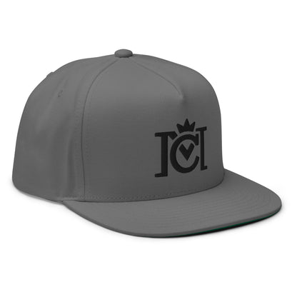 Trademarked Crown Moto logo embroidered in black 3D puff style on front of flat bill snapback hat