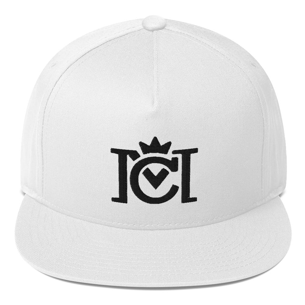 Trademarked Crown Moto logo embroidered in black 3D puff style on front of snapback hat