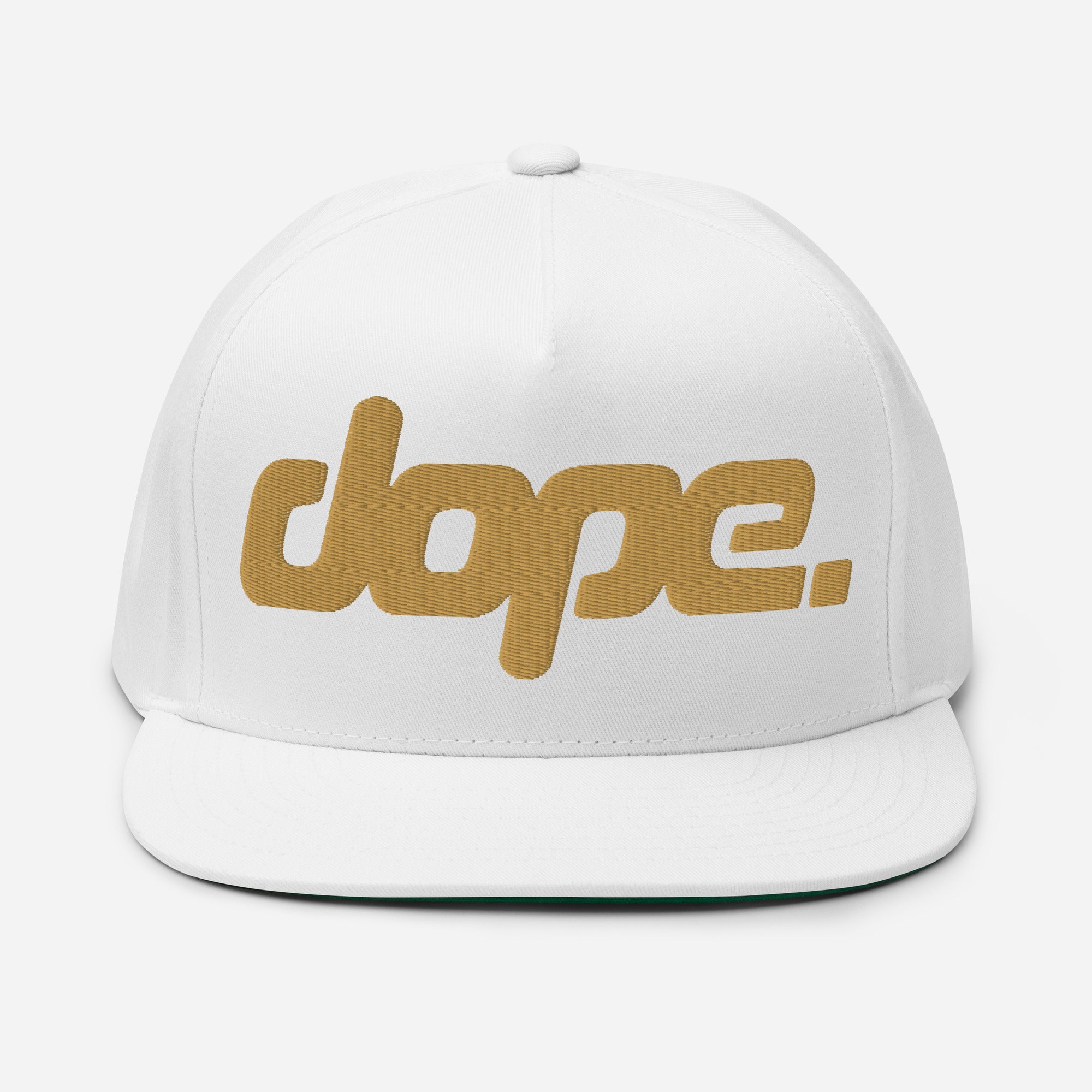 DOPE. logo embroidered in gold thread on white hat