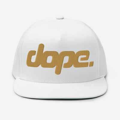 DOPE. logo embroidered in gold thread on white hat