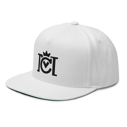 Trademarked Crown Moto logo embroidered in black 3D puff style on front of flat bill snapback hat