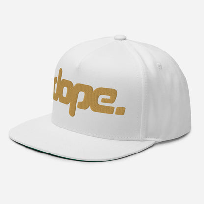 DOPE. logo embroidered in gold thread on white hat