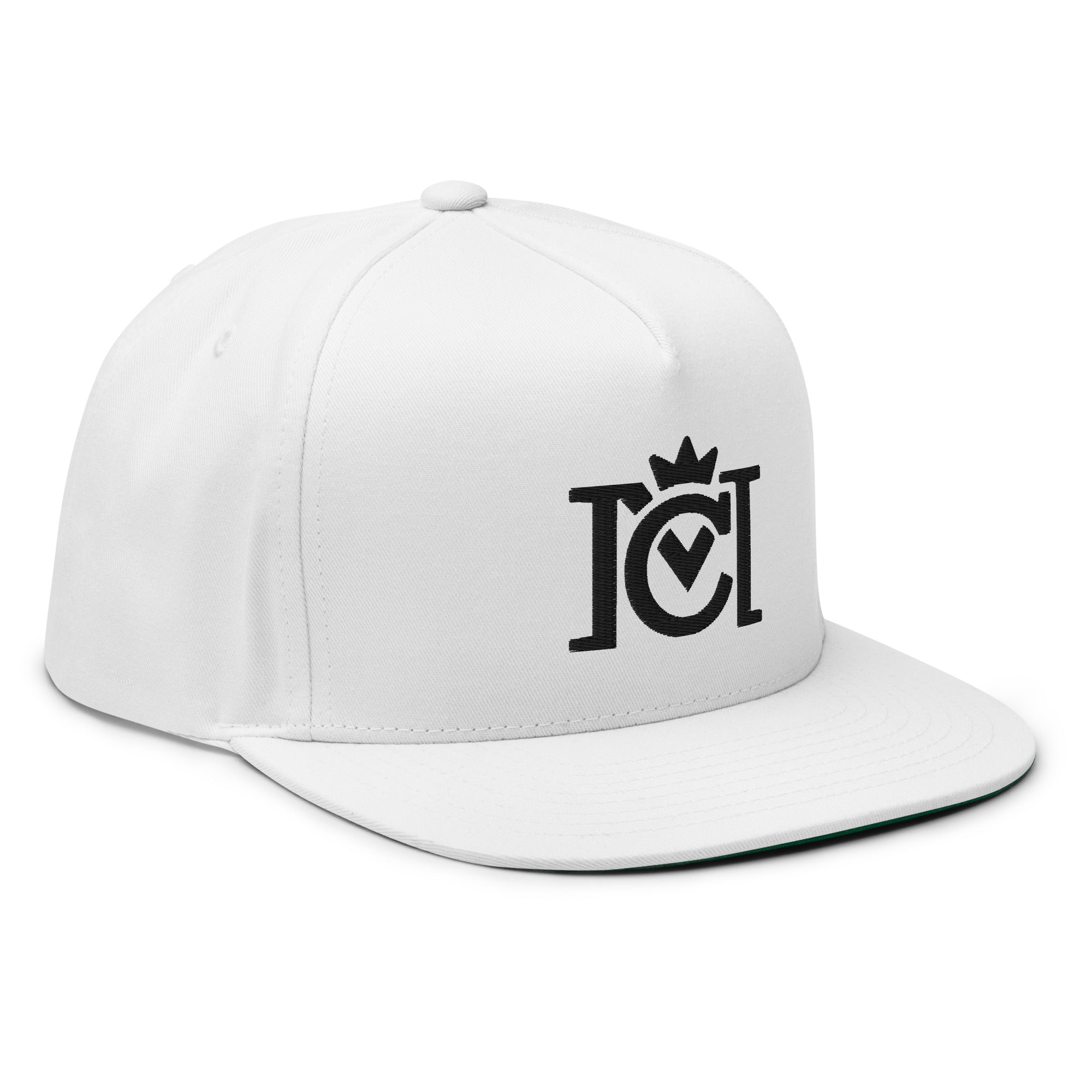 Trademarked Crown Moto logo embroidered in black 3D puff style on front of flat bill snapback hat