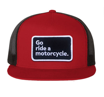 Flat brim Red and Black Mesh trucker cap with 'Go ride a motorcycle.' embroidered patch on front