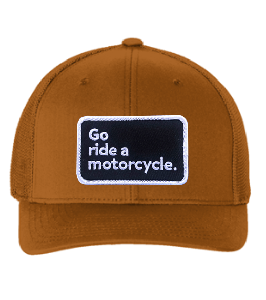 "Go ride a motorcycle" patch sewn on front of flexfit hat