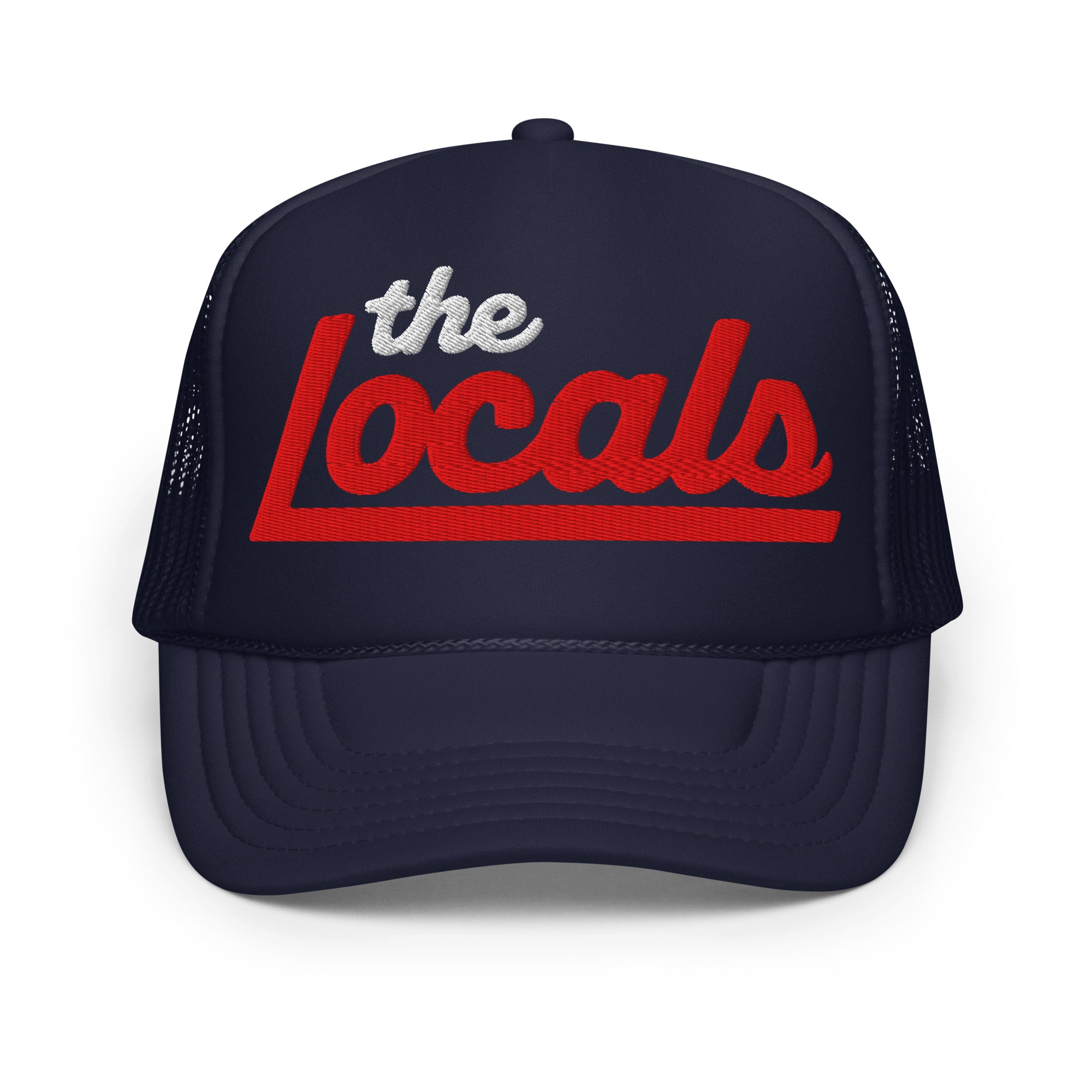 the Locals logo design 3D puff embroidered on front of foam trucker hat