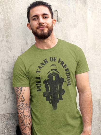 Original "Full tank of freedom" motorcycle design in black on front of army green t-shirt worn by male model