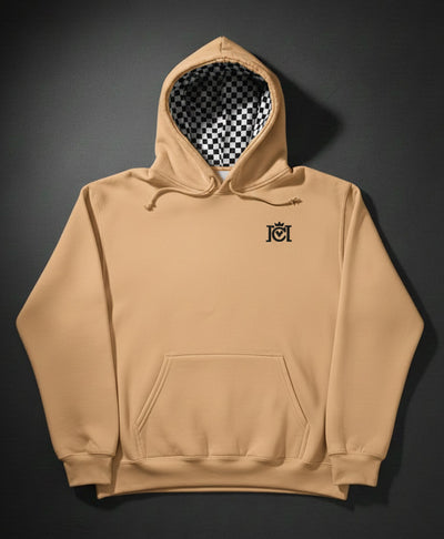 Vegas Gold hoodie with embroidered Crown Moto logo and checkered flag lined hood on a dark background