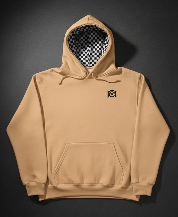 Vegas Gold hoodie with embroidered Crown Moto logo and checkered flag lined hood on a dark background