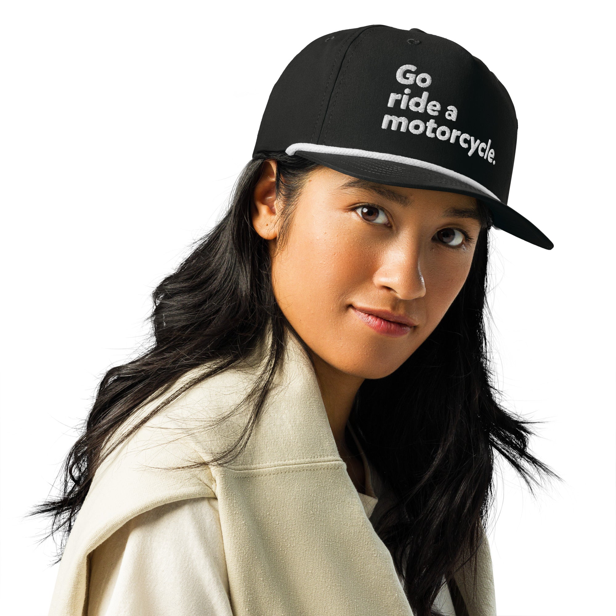 Woman wearing a Go ride a motorcycle embroidered golf rope cap, b&w, snapback, adjustable, gifts for riders, gifts for motorcyclists