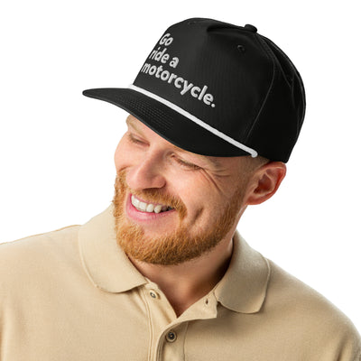 Man wearing a Go ride a motorcycle embroidered golf rope cap, b&w, snapback, adjustable, gifts for riders, gifts for motorcyclists